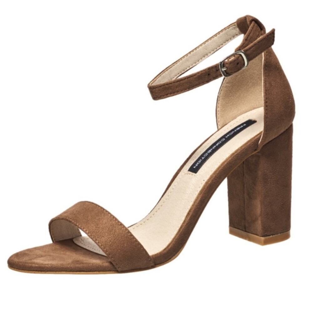 French Connection | Faux Suede Block Heel Sandals Ankle Strap Brown Size 11